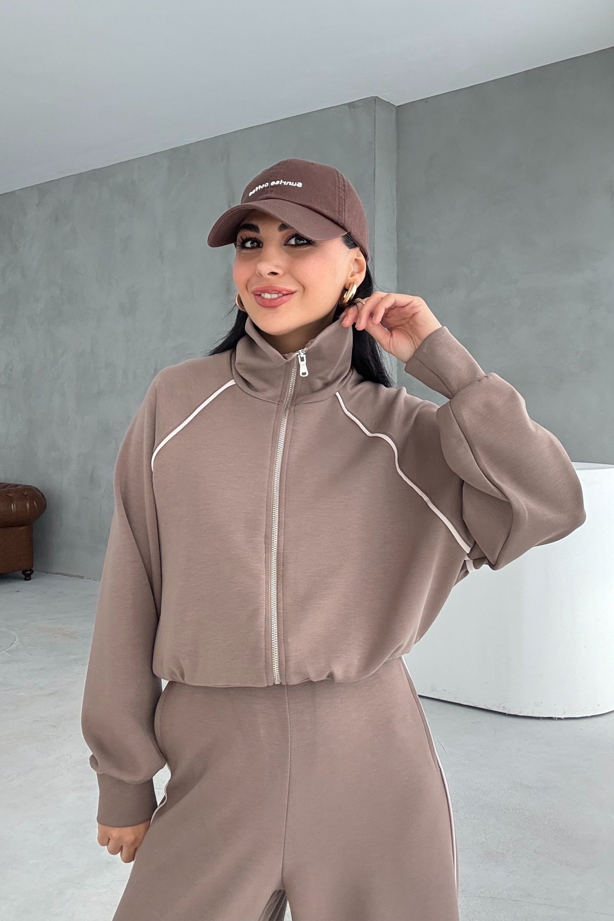 Bol Paça Fermuarlı Modal Eşofman Takım- Vizon SY-3422-Vizon