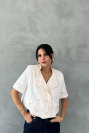 Krem Dantelli Vatkalı Astarlı Kısa Kollu Ceket SY-2504-Krem