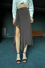 Kahverengi Önü Büzgülü Midi Etek SY-0013-Kahvarengi