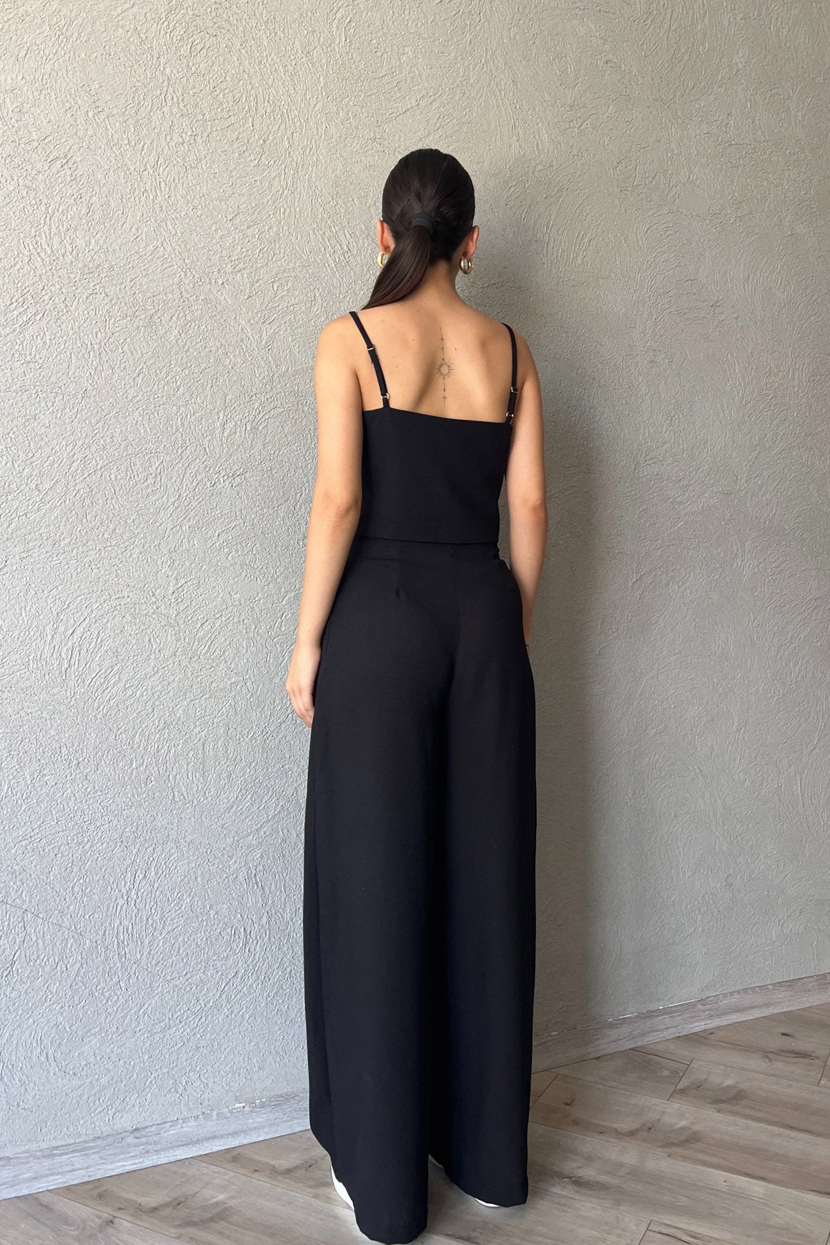 Siyah İnce Askılı İp Bağlama Detaylı Crop Pantolon Takım SY-2361-Siyah