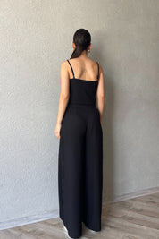 Siyah İnce Askılı İp Bağlama Detaylı Crop Pantolon Takım SY-2361-Siyah