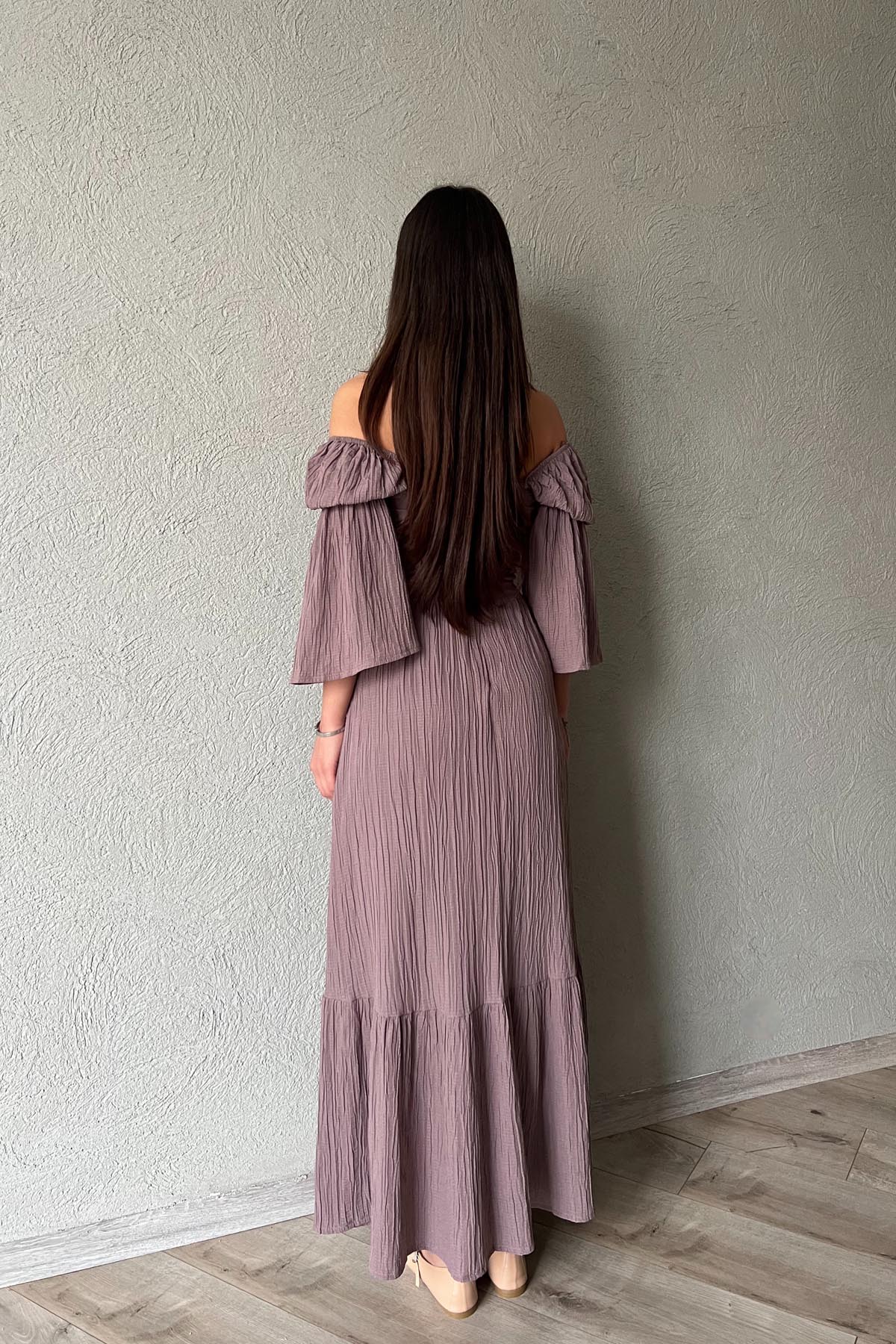 Mürdüm Düşük Kol Balenli  Gofre Kumaş Uzun Elbise SY-1779-Mürdüm