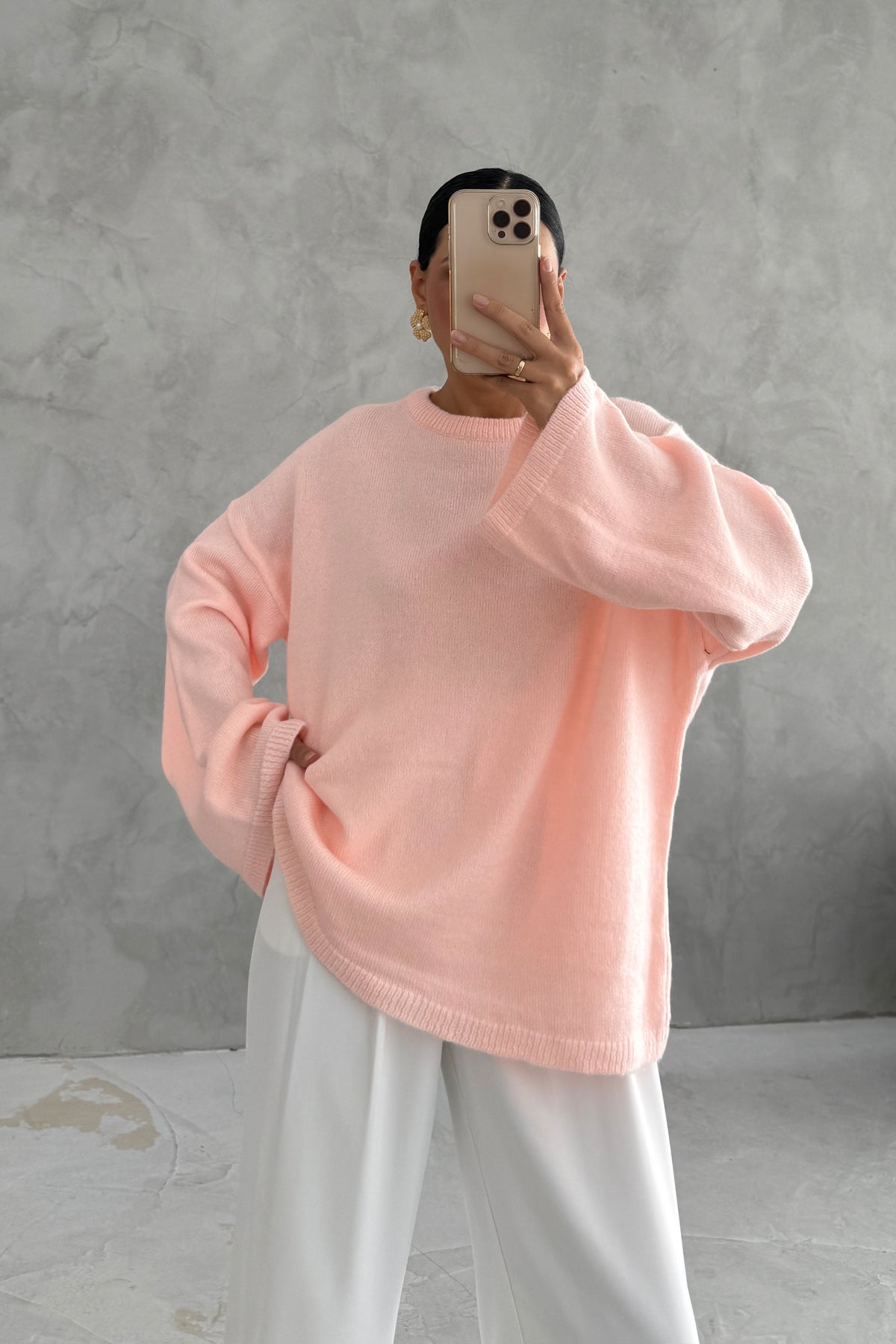 Pembe Bisiklet Yaka Oversize Pinterest Triko Kazak SY-3343-Pembe