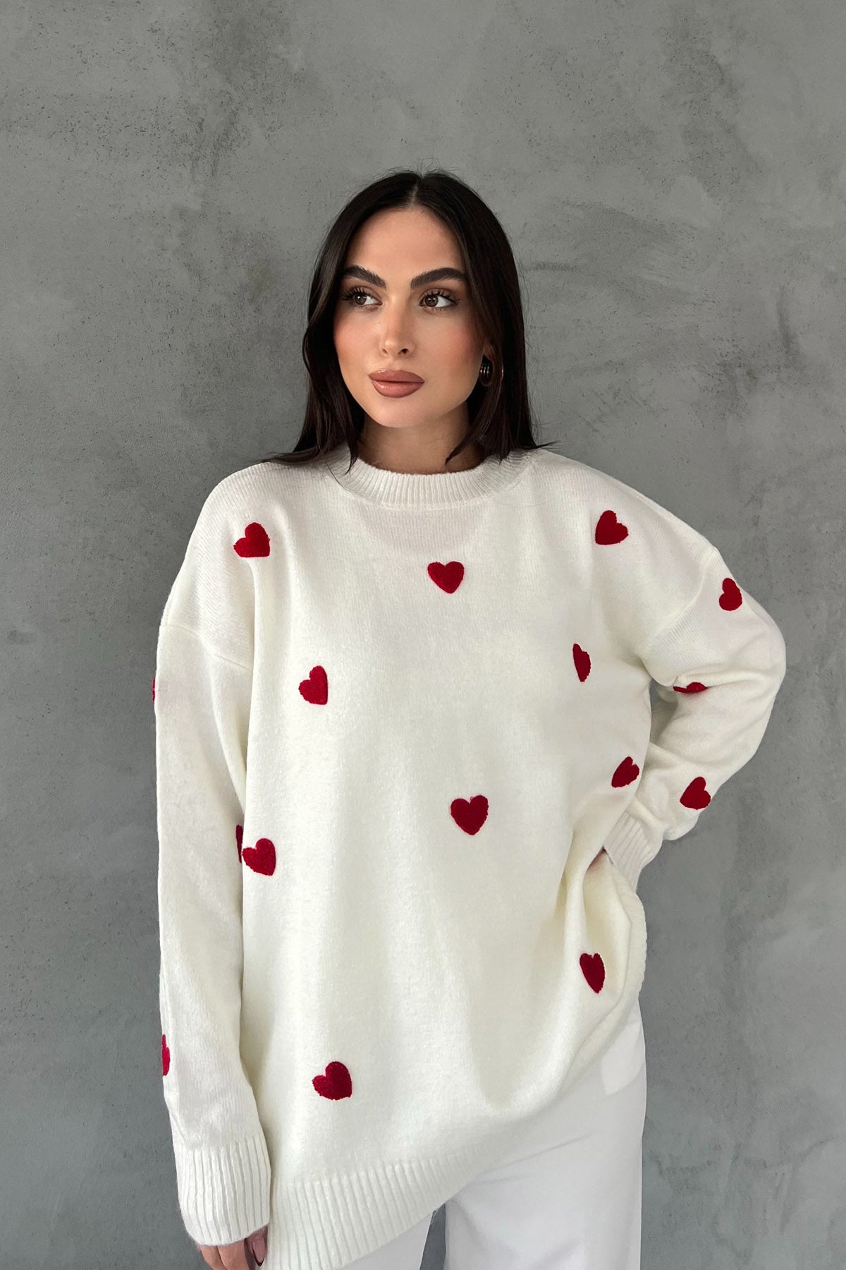 Ekru Kalp Nakışlı Triko Kazak SY-2387-Ekru