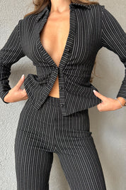 Siyah Çizgili Dokumalı Takım SY-1140-Siyah