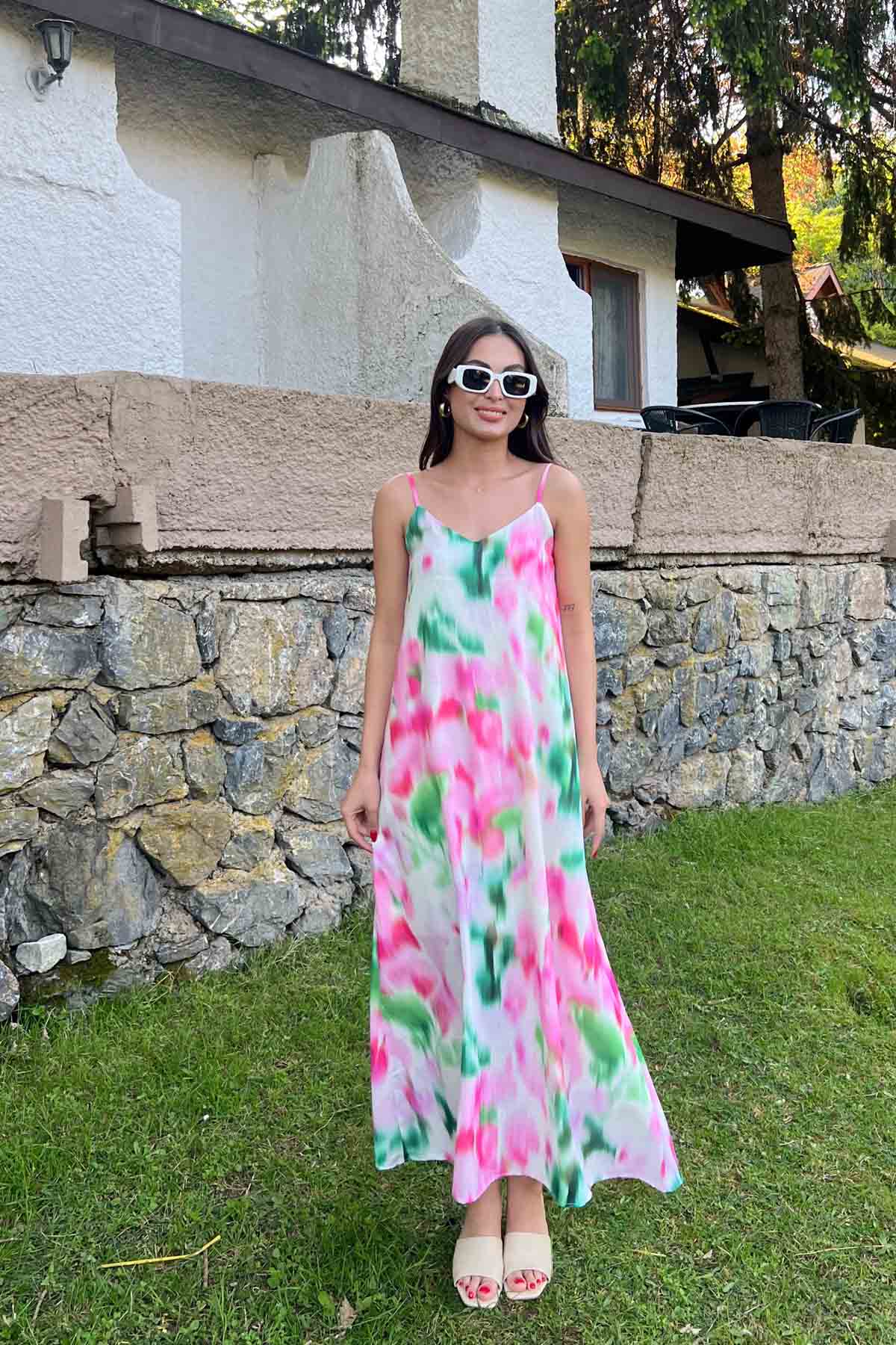 Pembe Çok Renkli Desenli İp Askılı Keten Elbise SY-2020-Pembe