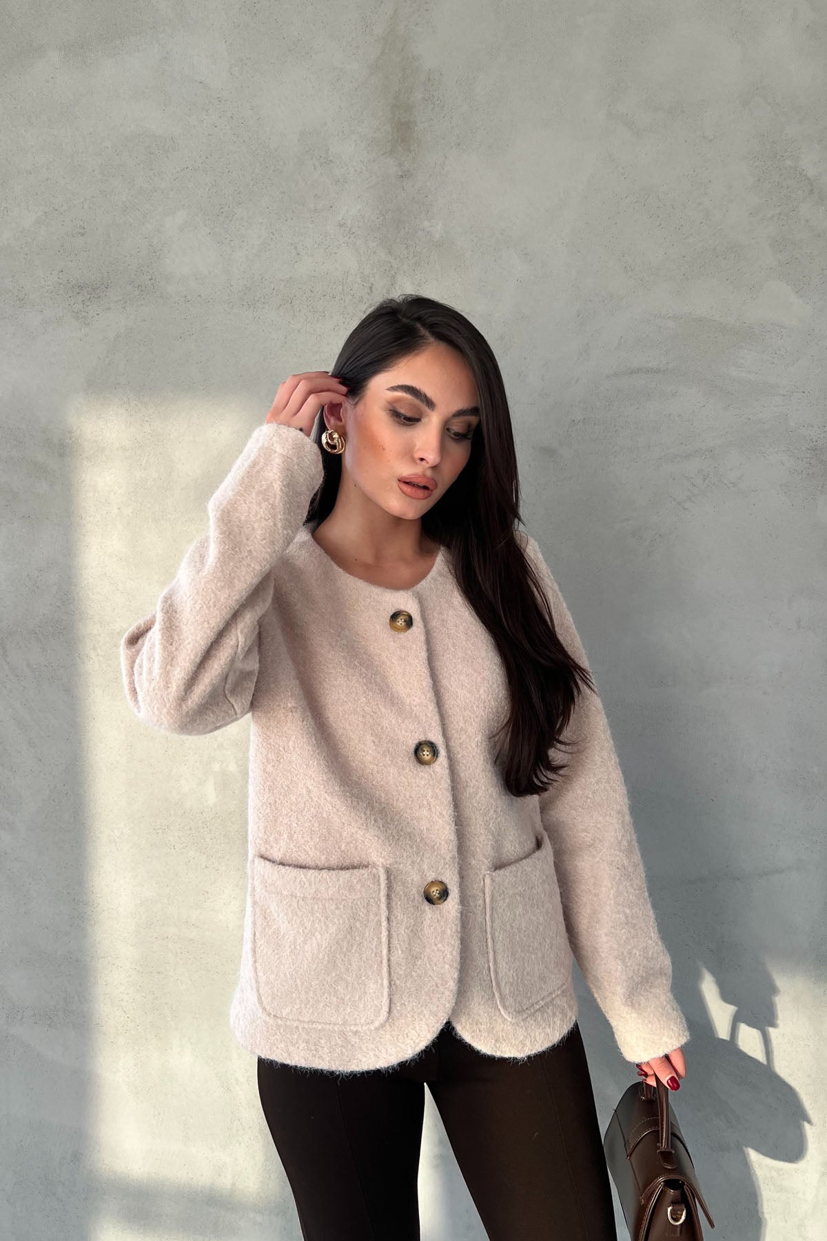 Bej Düğmeli Sakallı Kaşe Ceket SY-2731-Bej