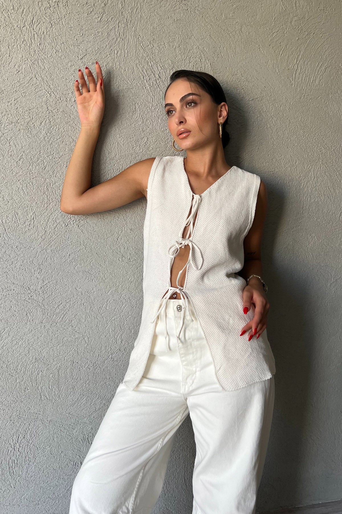 Ekru Bağcıklı Triko Yelek SY-2367-Ekru