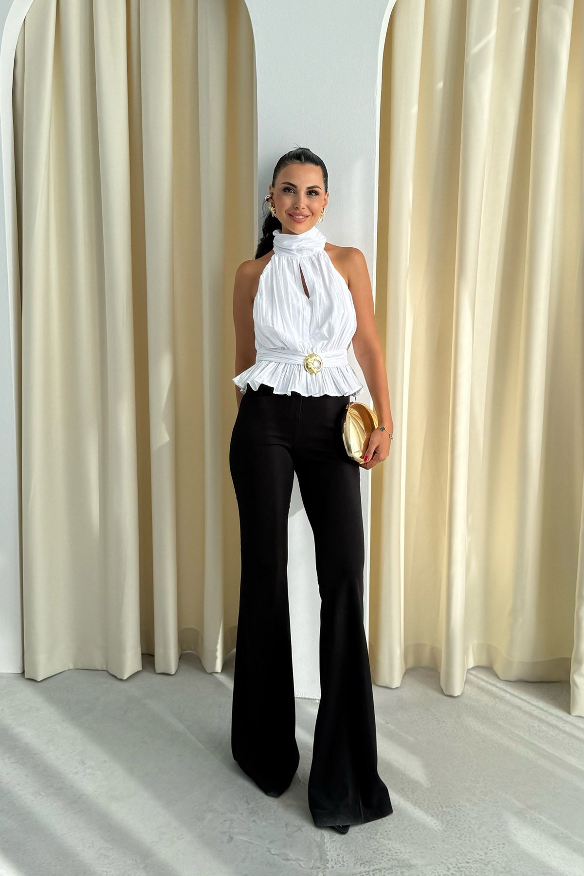 Siyah Yüksek Bel ispanyol Paça Pantolon SY-3287-Siyah