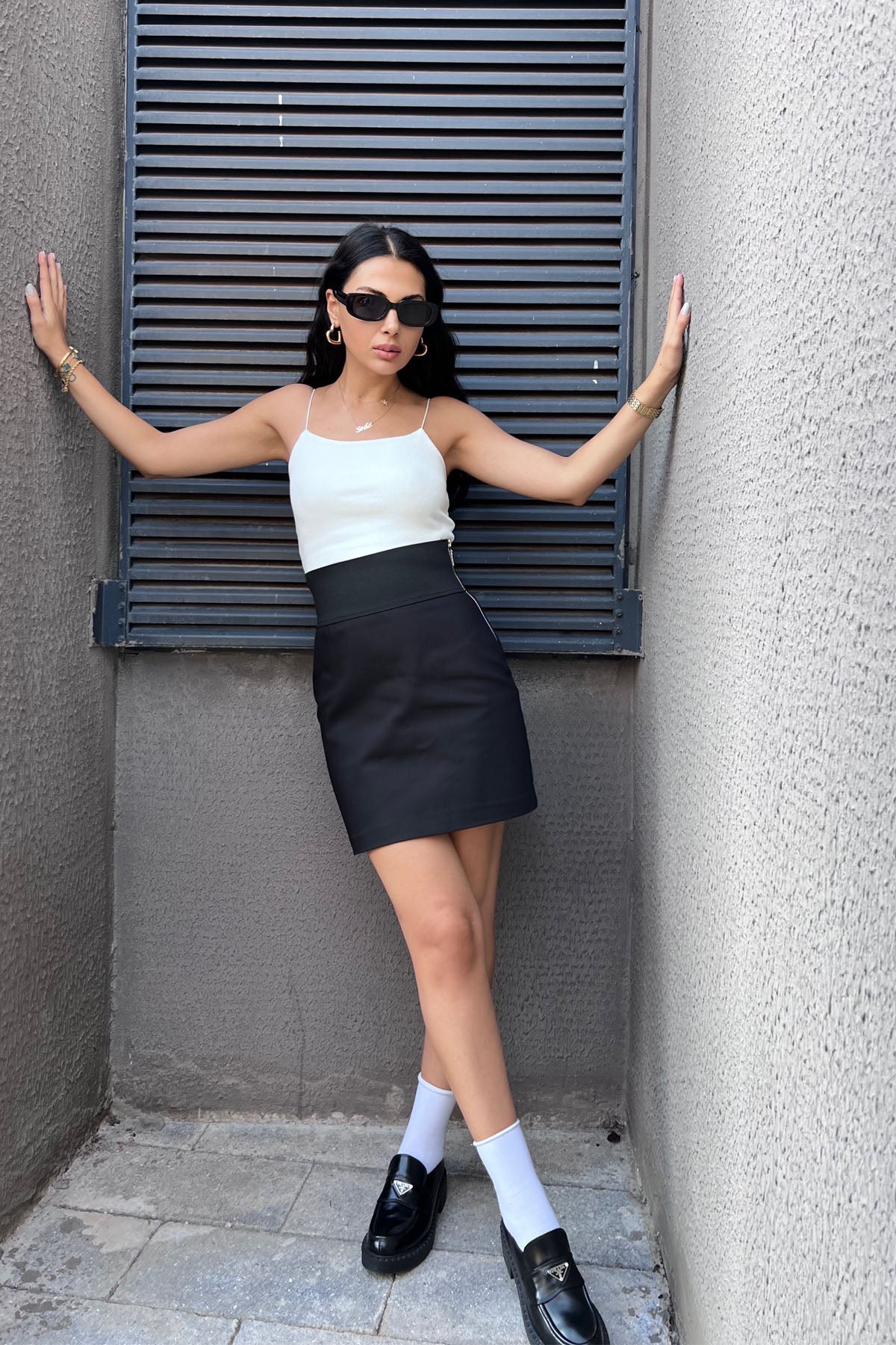 Siyah Fermuar Detaylı Bomber Ceket ve Etek Takım SY-0980-Siyah