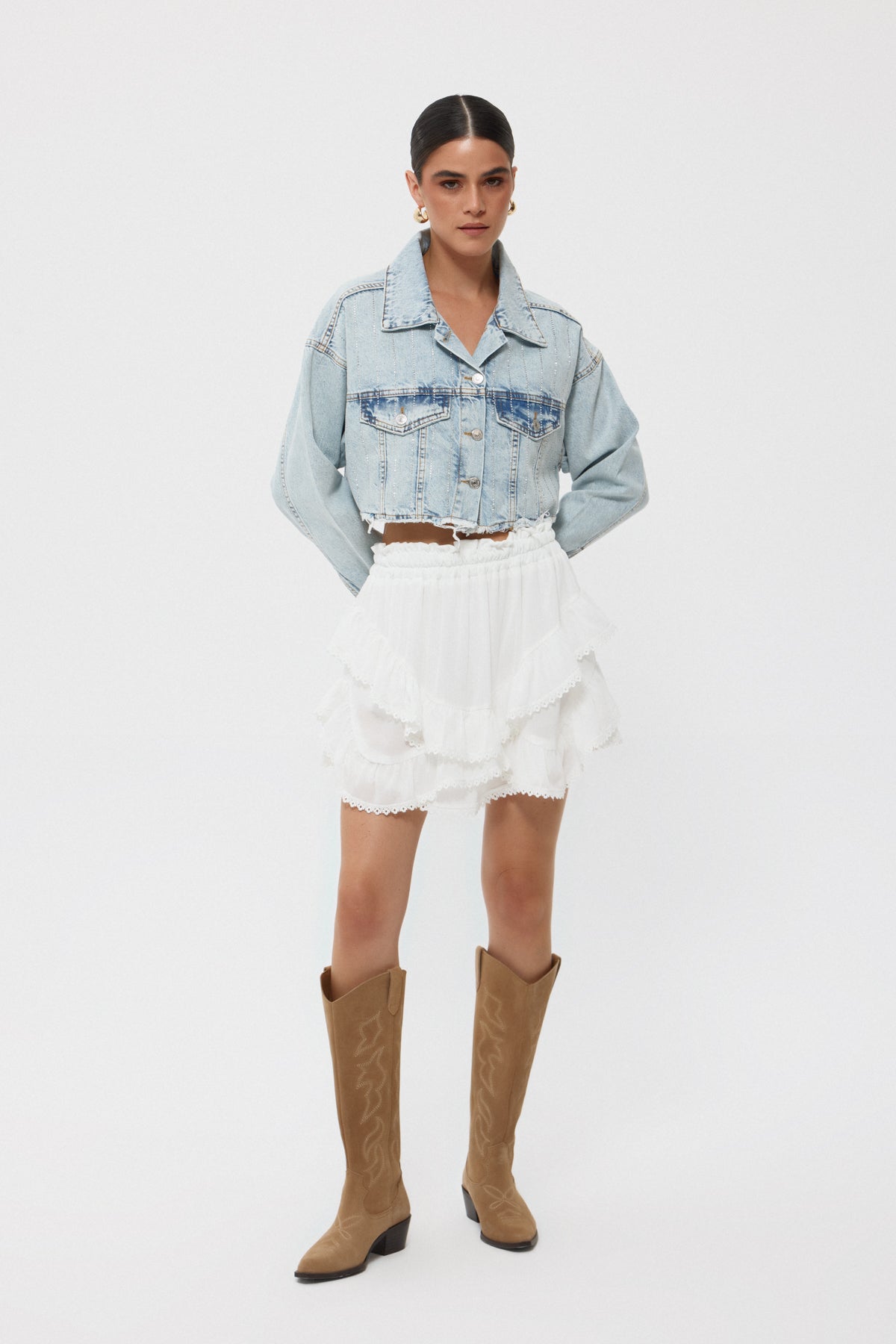 Açık Mavi Taşlı Crop Denim Ceket SY-2447-Açık Mavi