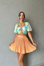 Mavi Çiçek Desenli Önü Bağlama Detaylı Crop SY-0712-Mavi