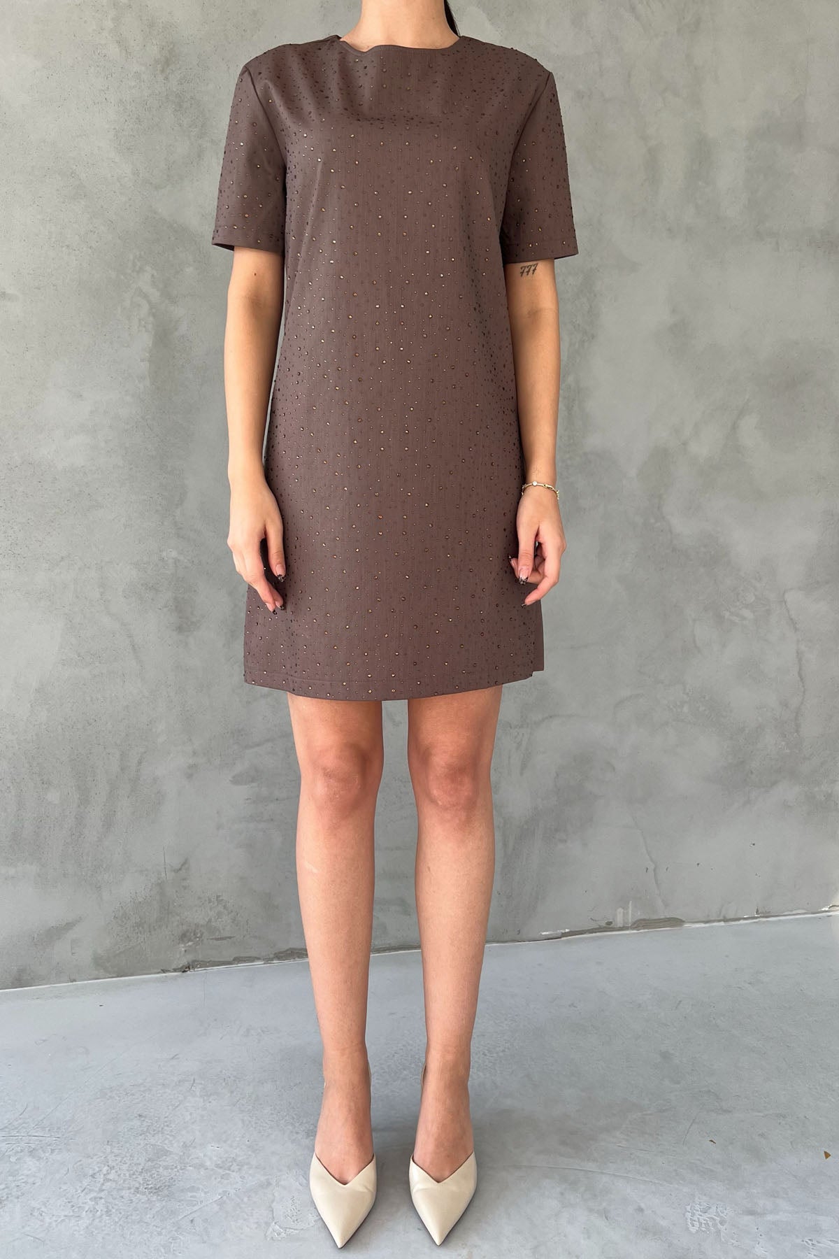 Kahve Taş Baskılı Kısa Kollu Elbise SY-2812-Kahve