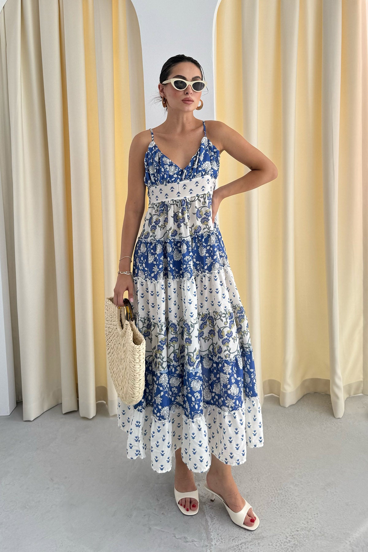 Mavi Desenli Gipeli Midi Boy Elbise SY-3305-Mavi