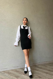 Siyah Vintage Gömlek Ve Toka Detaylı Kısa Elbise SY-1656-Siyah