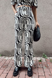 Ekru Desenli Sırt Detaylı Bluz ve Kemerli Pantolon Takım SY-0326-Ekru