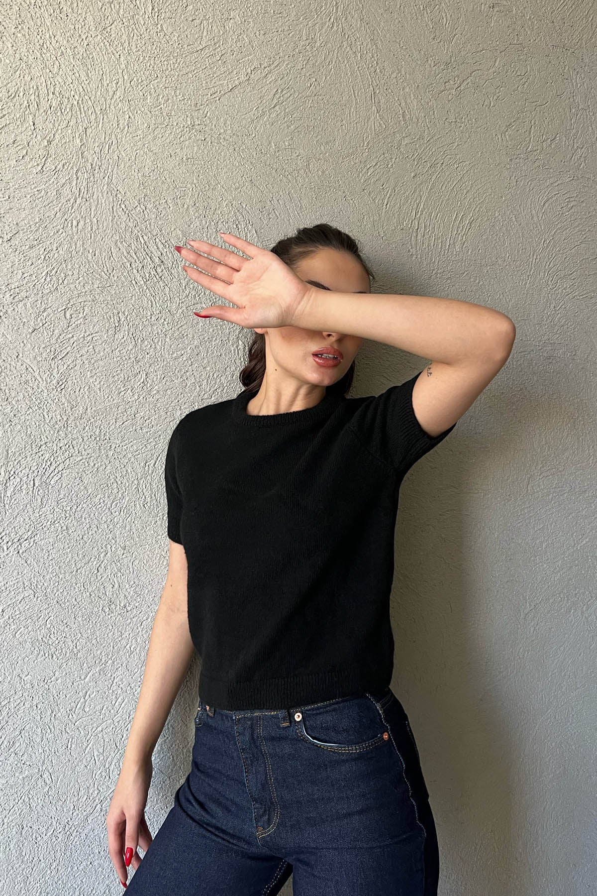 Siyah Bisiklet Yaka Kısa Kol Triko SY-1596-Siyah