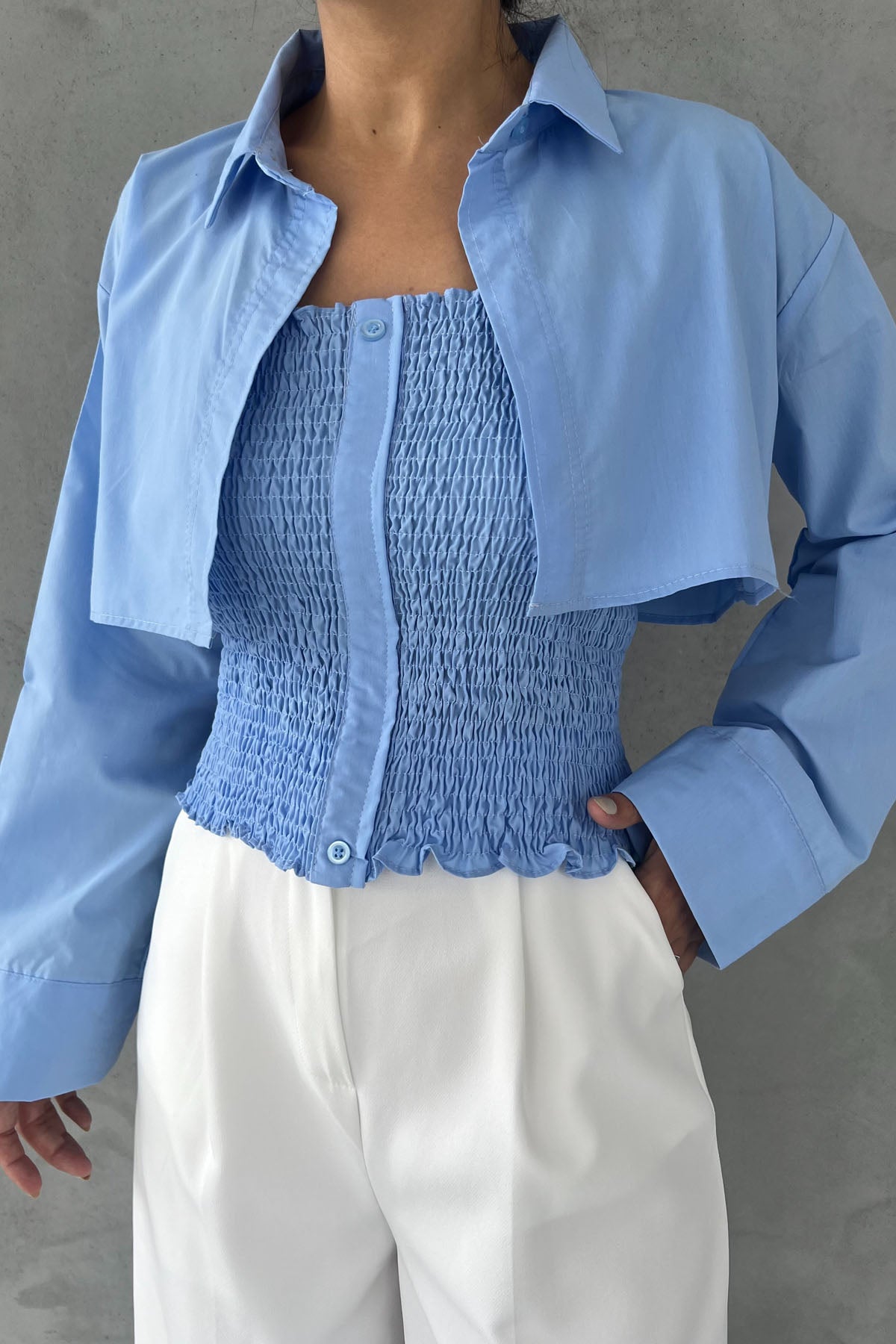 Mavi Gipeli Crop Gömlek Poplin Takım SY-2466-Mavi