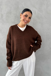 Kahve V Yaka Oversize Pinterest Triko Kazak SY-3348-Kahve