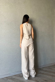 Bej Verev Kesim Bluz Pantolon Takım SY-2356-Bej