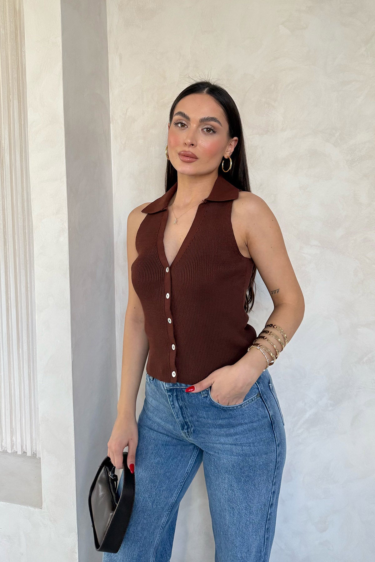 Kahverengi Sya Polo Yaka Triko Yelek SY-3081-Kahverengi