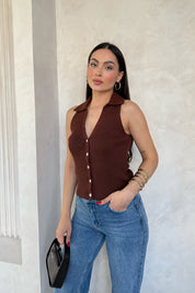 Kahverengi Sya Polo Yaka Triko Yelek SY-3081-Kahverengi