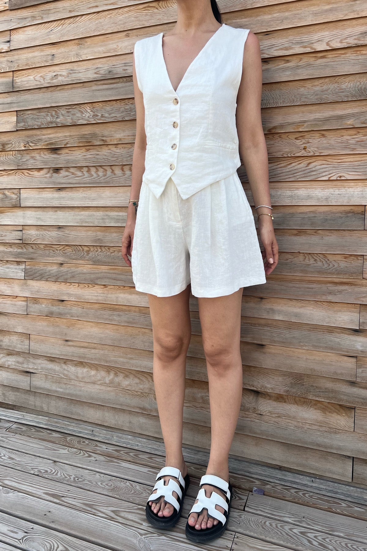 Ekru Sırt Detaylı Yelek Şort Keten Takım SY-2186-Ekru