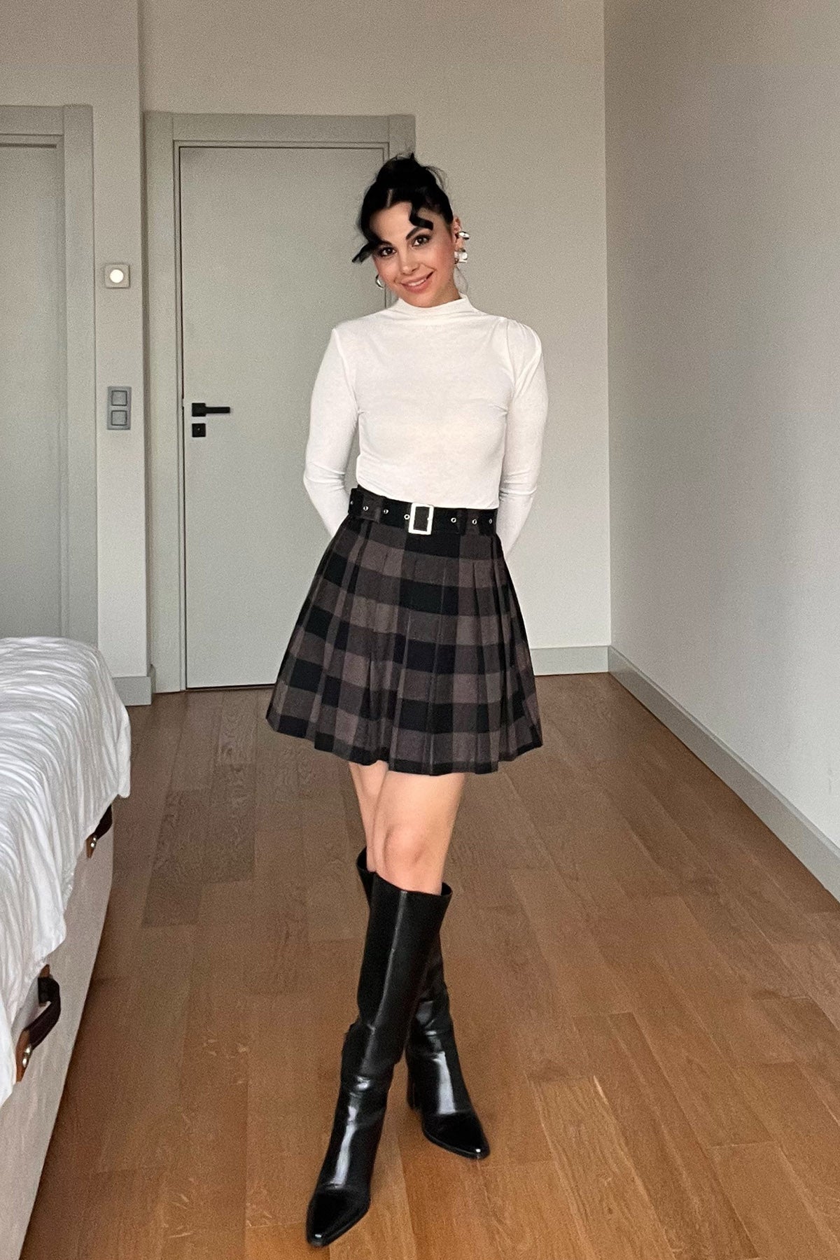 Kahve Ekoseli Kısa Kemerli Pileli Etek SY-3010-Kahve