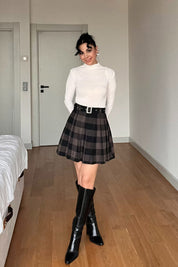 Kahve Ekoseli Kısa Kemerli Pileli Etek SY-3010-Kahve