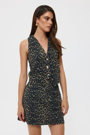 Leopar Önü Düğmeli Denim Yelek SY-2446-Leopar