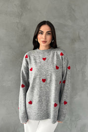 Gri Kalp Nakışlı Triko Kazak SY-2387-Gri