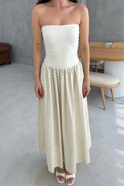 Bej Eteği Puantiyeli Straplez Uzun Elbise SY-3257-Bej