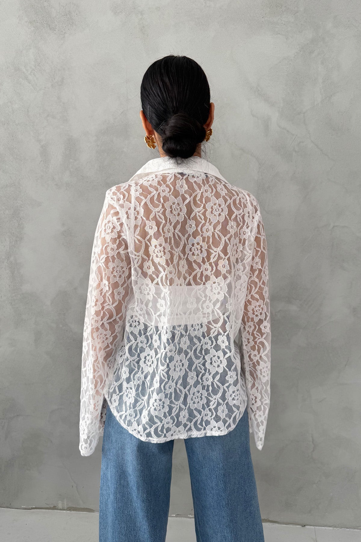 Beyaz İspanyol Kol Dantelli  Gömlek SY-3090-Beyaz