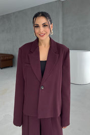 Mürdüm Oversize Tek Düğmeli Ceket Pantolon Takım SY-3389-Mürdüm