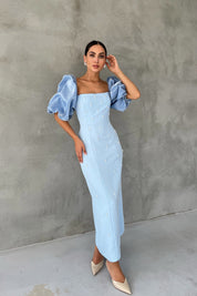 Bebe Mavisi Prenses Kol İnci Detaylı Fermuarlı Elbise SY-2501-Bebe Mavisi