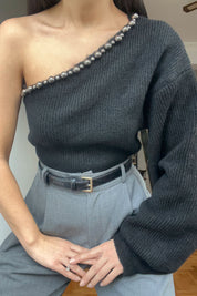 Siyah Tek Omuz Boncuk Detay Triko Kazak SY-2815-Siyah