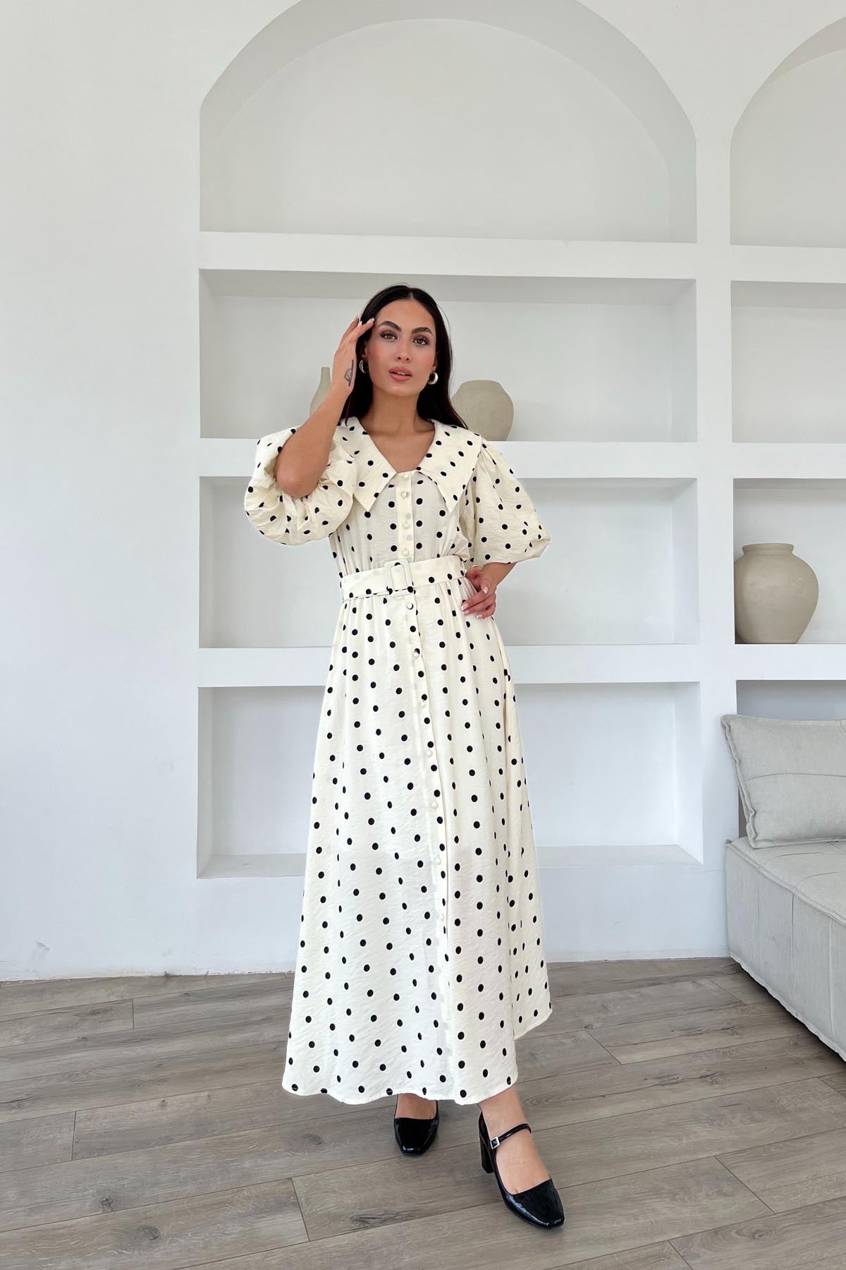 Bej Puantiye Desenli Düğme Detaylı Balon Kol Elbise SY-1790-Bej