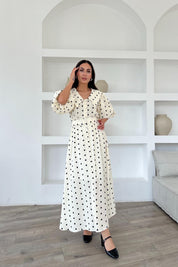 Bej Puantiye Desenli Düğme Detaylı Balon Kol Elbise SY-1790-Bej