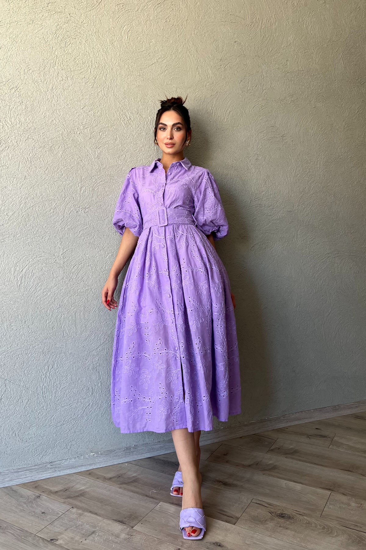 Lila Balon Kol Pile Detaylı Kemerli Brode Elbise SY-2084-Lila
