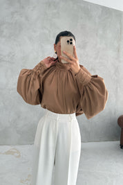 Kahve Dökümlü Zr Tasarım Saten Bluz SY-3369-Kahve