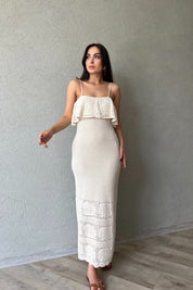 Krem İnce Askılı Çiçek Detaylı Ajurlu Maxi Elbise SY-2223-Krem