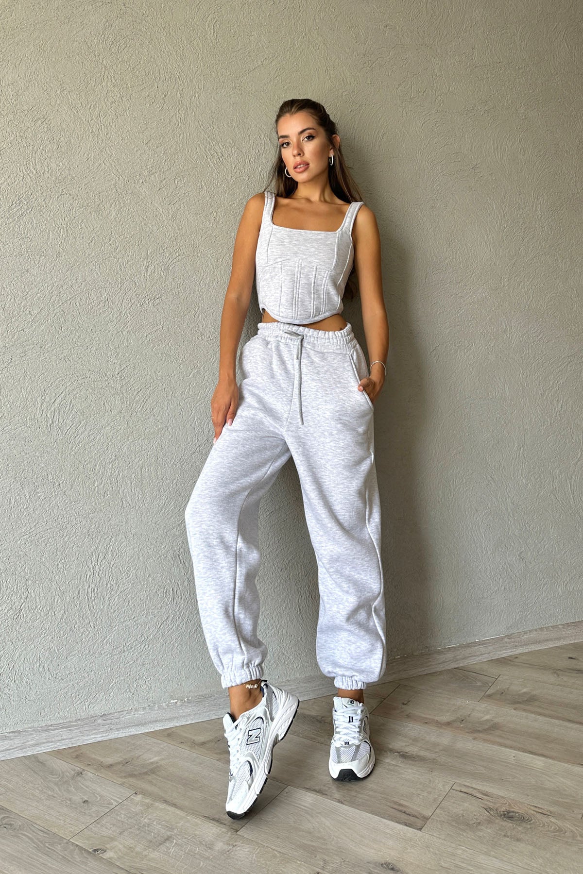 Açık Gri Sweatshirt Crop ve Eşofman Altı Takım SY-0966-Açık Gri