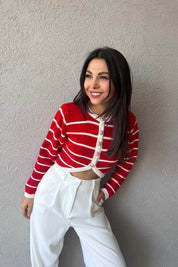 Kırmızı Düğmeli Asimetrik Çizgili Crop Hırka SY-1039-Kırmızı