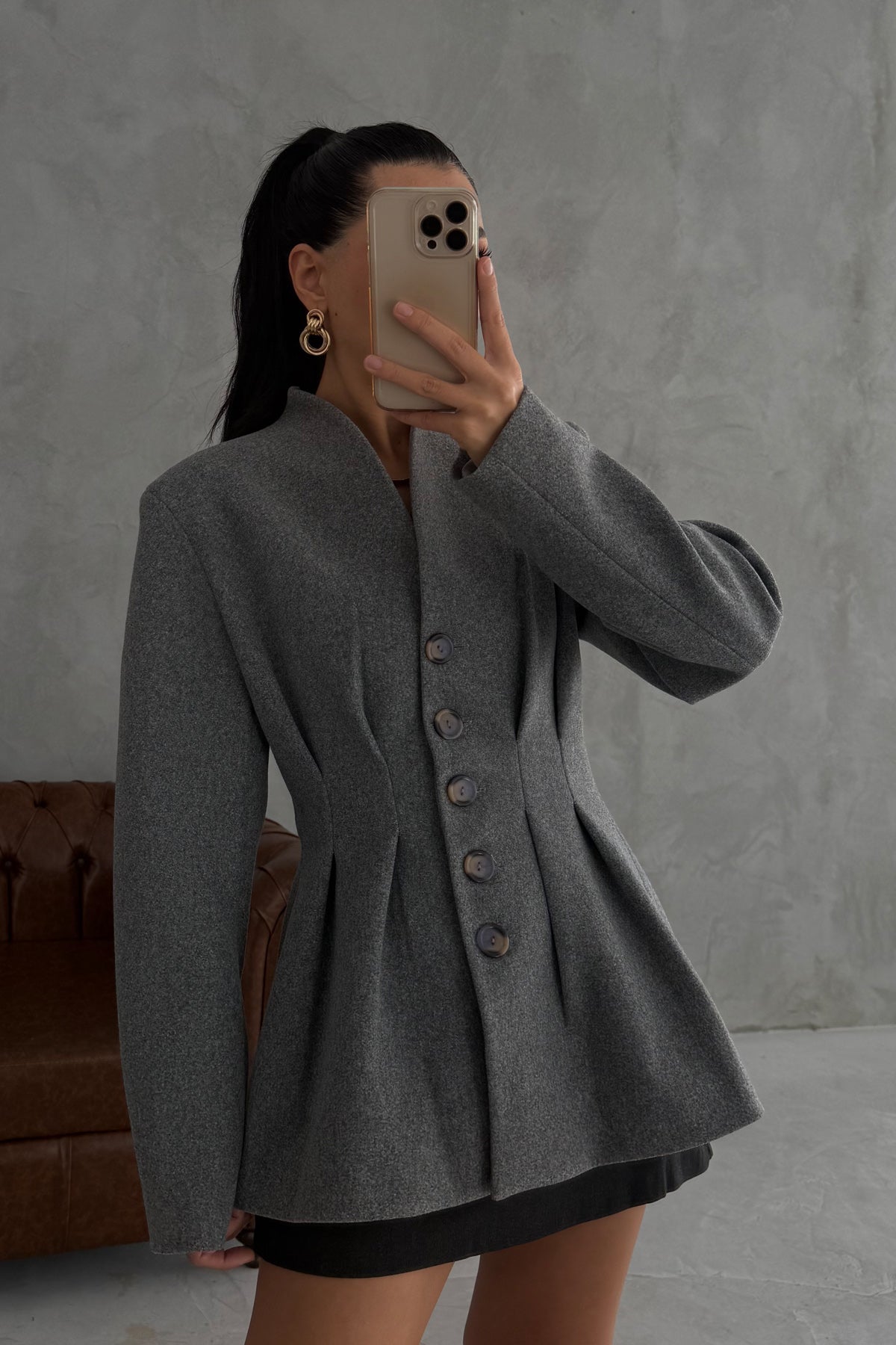 Gri Belden Oturmalı Kaşe Özel Üretim Ceket SY-3416-Gri