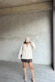 Krem Düğmeli Kruvaze Yaka Hırka SY-2423-Krem