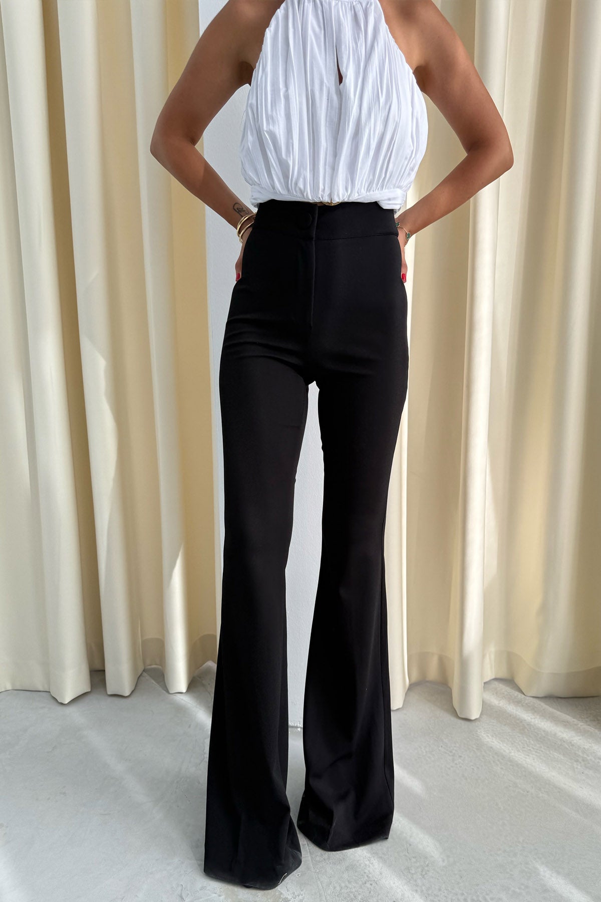 Siyah Yüksek Bel ispanyol Paça Pantolon SY-3287-Siyah