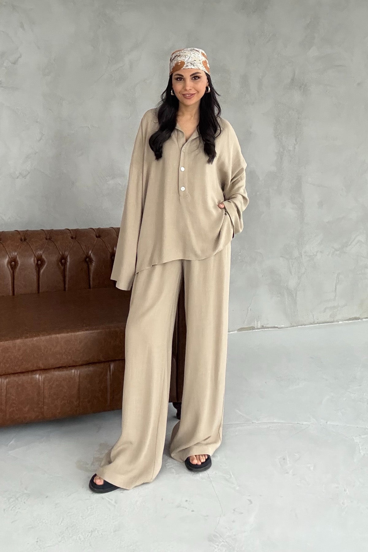 Haki Keten Polo Yaka Gömlek Pantolon Takım SY-3118-Haki