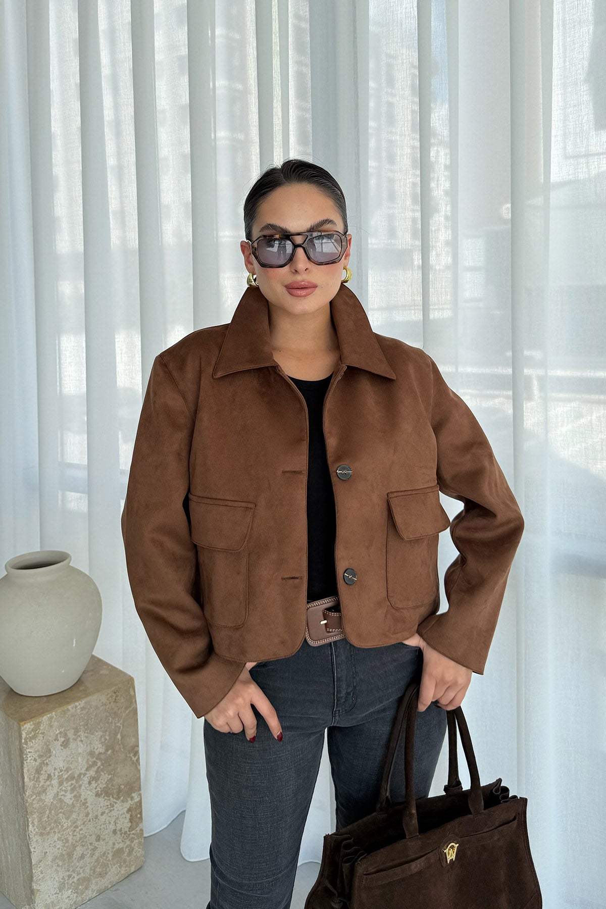 Taba Astarlı Kargo Cepli Süet Ceket SY-2548-Taba