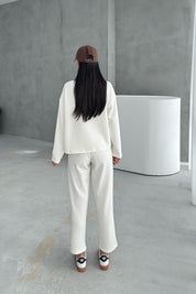 Ekru Uzun Kollu Beli Lastikli Modal Takım SY-3383-Ekru