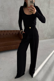 Siyah Gold Düğme Detaylı Palazzo Pantolon SY-3424-Siyah